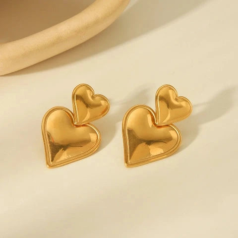 Orecchini Double Heart Foil in Acciaio Dorato